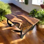 Bastogne Walnut River Rock Epoxy Coffee Table | Wood Resin Coffee Table | Accent Table | Home Decor